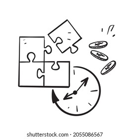 hand drawn doodle jigsaw puzzle clock and money symbol for project business deadline countdown illustration