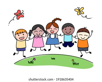Doodle dibujado a mano Los niños saltan cogidos de la mano.