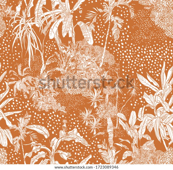 Hand Drawn Doodle Jungle, Tropical Plants Outline Seamless Pattern