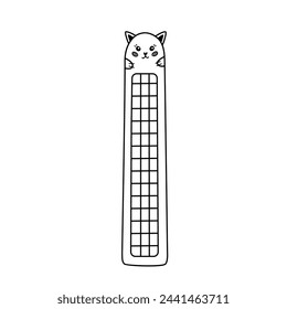 Hand drawn doodle of kawaii bookmark with face of cat for kids. Stationery for books and reading with kitty. Bookmark with cute animal. Vector clipart with outline of back to school supply