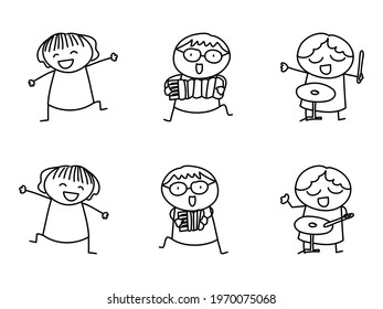 Hand drawn doodle Kid dance and Playing Musical Instruments.