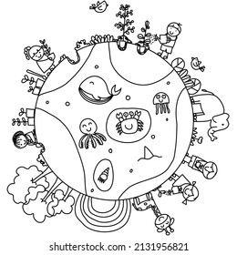 Hand Drawn Doodle Kids Planting Tree Around The World. Save The Planet. Earth Day Concept. Coloring Page For Kids.