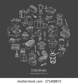 Hand drawn doodle Kitchen appliance vector illustration  Cartoon icons set Various household equipment and facilities Small kitchen appliances Consumer electronics Kitchenware Freehand vector sketch