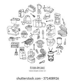 Hand drawn doodle Kitchen appliance vector illustration  Cartoon icons set Various household equipment and facilities Small kitchen appliances Consumer electronics Kitchenware Freehand vector sketch