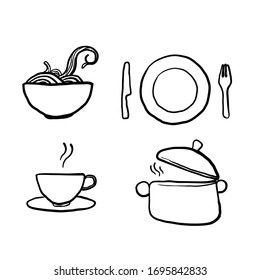 hand drawn doodle Kitchen icons set, black and white vector icons in thin line style cartoon art vector