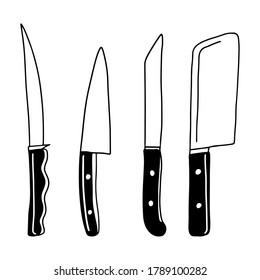 Hand drawn doodle kitchen knives, different types. Vector halloween illustration of meat cutting knife collection.
