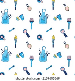 Hand drawn doodle kitchen tools for baking: apron, whisk, mixer, brush, sieve, measuring spoon. Flat illustration on white background for cafe and restaurant. 