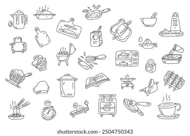 Hand Drawn Doodle kitchen utensils, appliances, and food. Perfect for cooking, baking, and culinary related design projects.