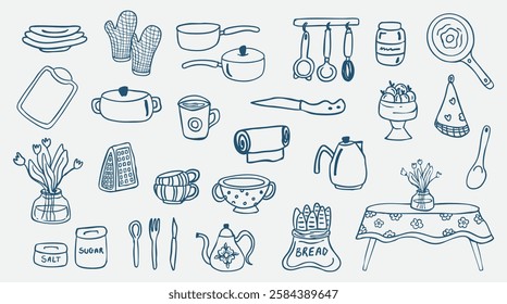 hand drawn doodle kitchen utensils set, pan, spoon, pot, table, vase, jug, frying pan, cup. Vector illustration