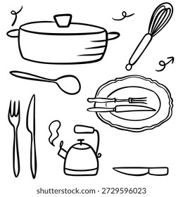 Dibujado a mano Doodle Utensilios de cocina con utensilios de cocina y herramientas de cocina Ilustración
