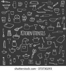 Hand drawn doodle Kitchen utensils set Vector illustration Sketchy kitchen ware icons collection Isolated appliance kitchen tools symbols Cutlery icons Cooking equipment Tea pot Pan Knife Chef hat Cup