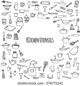 Hand drawn doodle Kitchen utensils set Vector illustration Sketchy kitchen ware icons collection Isolated appliance kitchen tools symbols Cutlery icons Cooking equipment Tea pot Pan Knife Chef hat Cup