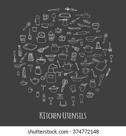 Hand drawn doodle Kitchen utensils set Vector illustration Sketchy kitchen ware icons collection Isolated appliance kitchen tools symbols Cutlery icons Cooking equipment Tea pot Pan Knife Chef hat Cup