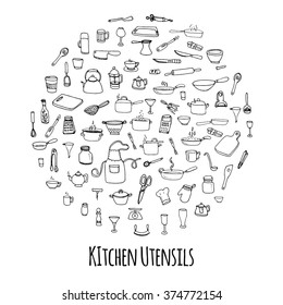 Hand drawn doodle Kitchen utensils set Vector illustration Sketchy kitchen ware icons collection Isolated appliance kitchen tools symbols Cutlery icons Cooking equipment Tea pot Pan Knife Chef hat Cup