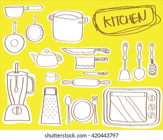 Hand drawn doodle Kitchen utensils set Vector illustration Sketchy kitchen ware icons collection Isolated appliance kitchen tools symbols Cutlery icons Cooking equipment Tea pot Pan Knife Chef  Cup