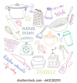 Hand drawn doodle kitchen utensils. Colored graphic vector set. 