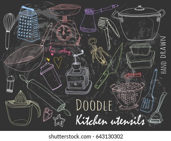 Hand drawn doodle kitchen utensils. Graphic colored vector set. Chalk style. Black background