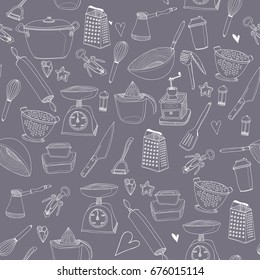 Hand drawn doodle kitchen utensils. Graphic vector seamless pattern. Dark background