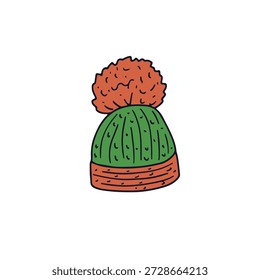 Mão desenhado doodle tricotado vermelho pom ícone gorro. Linha arte chapéu de lã desenho vetor ilustração.