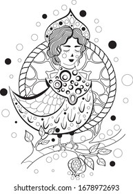 Hand drawn doodle lady bird creature for coloring book page