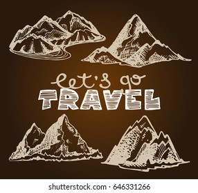 Hand drawn doodle landscape with mountains. Panorama design.
