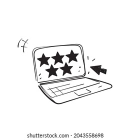 hand drawn doodle laptop with  5 star rating review feedback icon illustration isolated