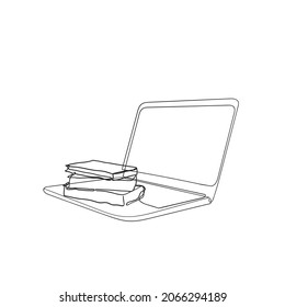hand drawn doodle laptop and book illustration in continuous line drawing vector isolated