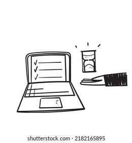 hand drawn doodle laptop document and hourglass symbol for business management illustration vector