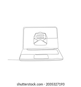 hand drawn doodle laptop and mail illustration in continuous line art drawing