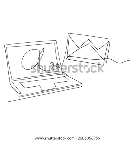hand drawn doodle laptop and mail illustration in continuous line art drawing