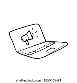 hand drawn doodle laptop and megaphone symbol for digital marketing icon vector. isolated bavkground
