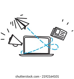 hand drawn doodle laptop with news content icon related vector