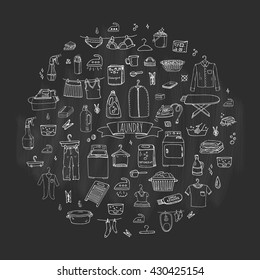 Hand drawn doodle Laundry set Vector illustration washing icons Cleaning garment business concept elements Symbols collection Housework Equipment and facilities for washing, drying and ironing clothes