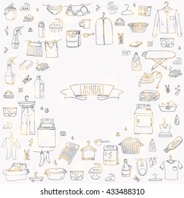 Hand drawn doodle Laundry set Vector illustration washing icons Cleaning garment business concept elements Symbols collection Housework Equipment and facilities for washing, drying and ironing clothes