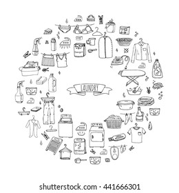 Hand drawn doodle Laundry set Vector illustration washing icons Cleaning garment business concept elements Symbols collection Housework Equipment and facilities for washing, drying and ironing clothes