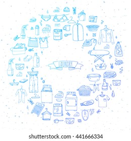 Hand drawn doodle Laundry set Vector illustration washing icons Cleaning garment business concept elements Symbols collection Housework Equipment and facilities for washing, drying and ironing clothes