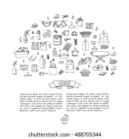 Hand drawn doodle Laundry set Vector illustration washing icons Laundry concept elements Cleaning business symbols collection Housework Equipment and facilities for washing, drying and ironing clothes