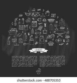 Hand drawn doodle Laundry set Vector illustration washing icons Laundry concept elements Cleaning business symbols collection Housework Equipment and facilities for washing, drying and ironing clothes