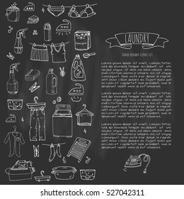 Hand drawn doodle Laundry set Vector illustration washing icons Laundry concept elements Cleaning business symbols collection Housework Equipment and facilities for washing, drying and ironing clothes