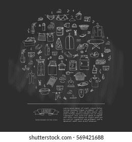 Hand drawn doodle Laundry set Vector illustration washing icons Laundry concept elements Cleaning business symbols collection Housework Equipment and facilities for washing, drying and ironing clothes