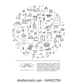 Hand drawn doodle Laundry set Vector illustration washing icons Laundry concept elements Cleaning business symbols collection Housework Equipment and facilities for washing, drying and ironing clothes