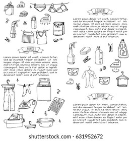 Hand drawn doodle Laundry set Vector illustration washing icons Laundry concept elements Cleaning business symbols collection Housework Equipment and facilities for washing, drying and ironing clothes