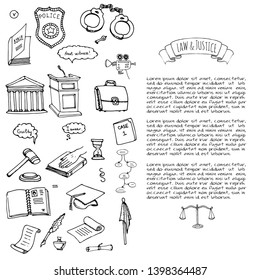 Hand drawn doodle Law and Justice icons set Vector illustration sketchy symbols collection Cartoon elements suitable for info graphics, websites and print media.