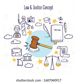 Hand drawn doodle Law and Justice icons set.