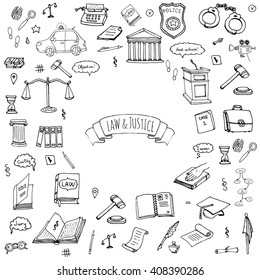 Hand drawn doodle Law and Justice icons set. Vector illustration legal sketchy symbols collection Cartoon concept elements suitable for infographics, websites and print Court Crime Jury Police car