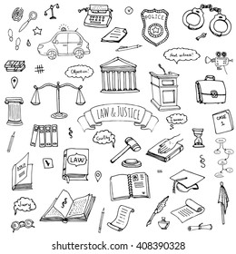 Hand drawn doodle Law and Justice icons set. Vector illustration legal sketchy symbols collection Cartoon concept elements suitable for infographics, websites and print Court Crime Jury Police car