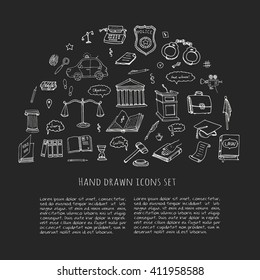 Hand drawn doodle Law and Justice icons set. Vector illustration legal sketchy symbols collection Cartoon concept elements suitable for infographics, websites and print Court Crime Jury Police car