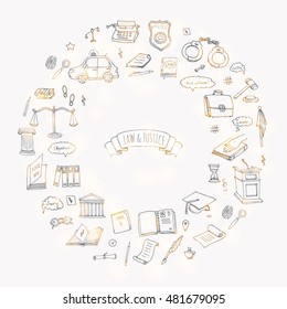 Hand drawn doodle Law and Justice icons set. Vector illustration law sketchy symbols collection. Cartoon concept elements suitable for info graphics, websites and print media. Black and white icons.