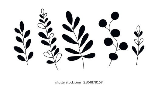 Hand drawn doodle leaves set isolated on white background. Simple doodle style.	