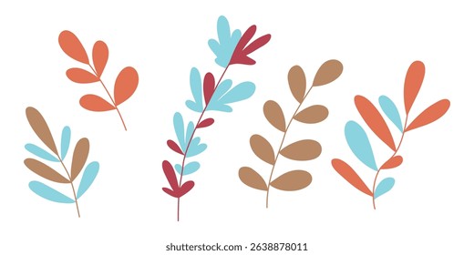 Hand drawn doodle leaves set isolated on white background. Simple flat style.	